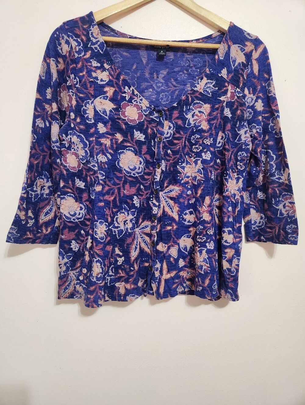 Lucky Brand Purple Floral Slub Knit V-Neck Button Front 3/4 Sleeve Top Size S